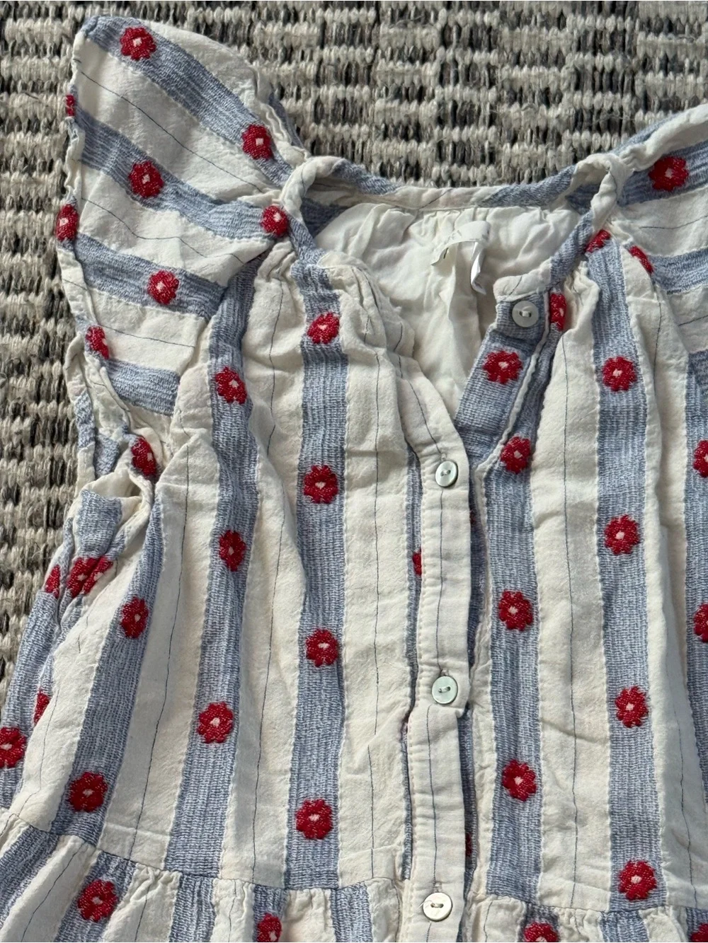 Zara White and Blue Striped Dress with Red Floral Embroidery Sz 6